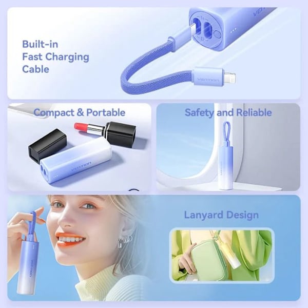 Hurtigopladningskabel til powerbank, Type-C, Lightning, 5000mAh - Vention (FHWL0) - Blå