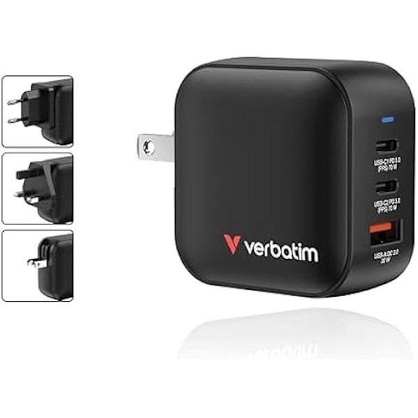 GaN Oplader - VERBATIM - Mini Oplader 70W - 3 Porte - EU- og UK-adaptorer - Smartphones/Tablets
