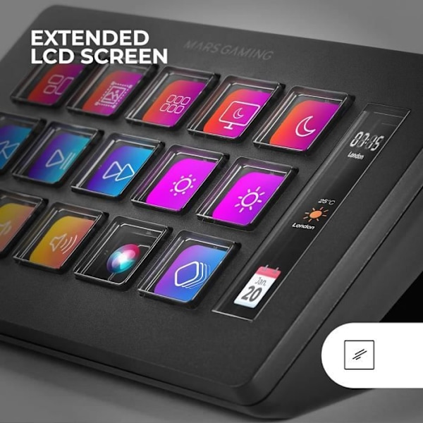 Kontrol Deck - Mars Gaming - MSD-One - 15 Tilpassede LCD-Taster - Ergonomisk Design - Windows og MacOS