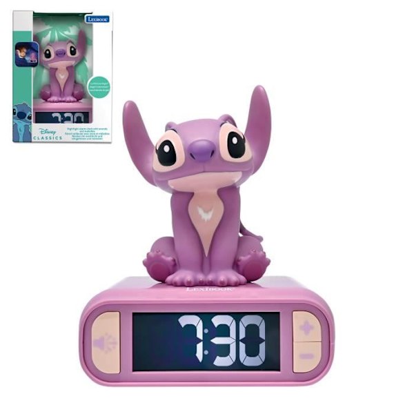Vækkeur natlys Angel, Lyde og melodier, Baggrundsbelyst LCD-skærm, Lysende, Disney Stitch, Rosa, Lexibook, RL800D1 rosa