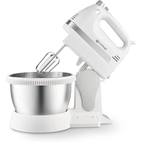 Stilkblender med roterende skål i rustfrit stål. Den har turbofunktion og 5 gear. Indeholder: mixer og kroge