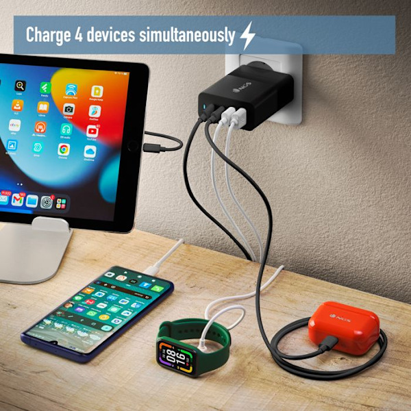 NGS BUD 100W: Universell väggladdare 100W med 4 portar: 2 USB-C + 2 USB-A. Snabb och säker laddning. Samtidig laddning.
