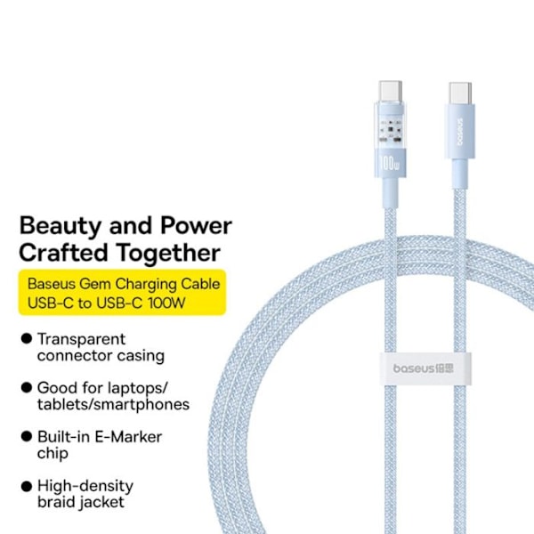 USB-C till Type-C-kabel, Super Snabb Laddning 100W, 2m - Baseus Gem (P10373000311-01) - Galaxblå