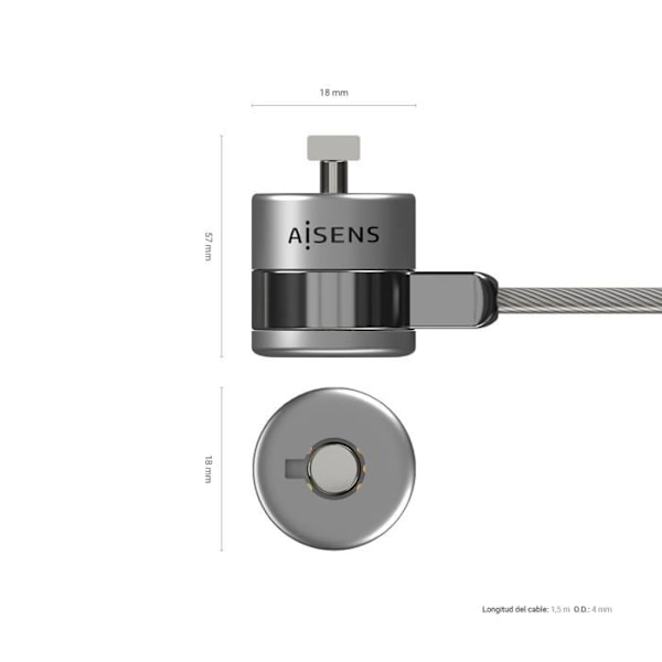 Aisens - ASLK-D40K02-SL - Sikkerhedskabel med nøglelås til computer, skærm, bærbar 1,5 m