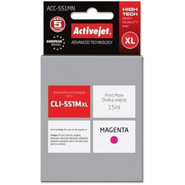 ACTIVEJET ACC-551MN -yhteensopiva Canon CLI-551M - Mustekasetti - Korkea tuotto (XL) - Magenta