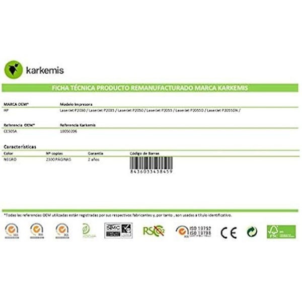 KARKEMIS cE505A sort tonerpatron til HP 2055d/2055dn/2050d - Ydelse på 6500 sider
