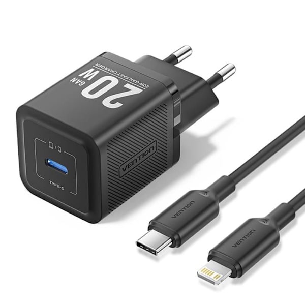EU-pistokkeelle tarkoitettu laturi, Type-C, 20W, GaN, USB-C Lightning -kaapeli, 1m - Vention (TZ-FEPB0-EU-02) - Musta