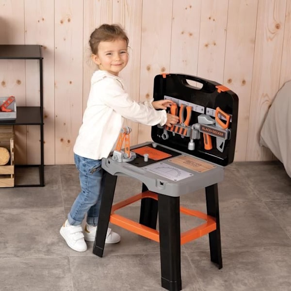 Smoby - Black and Decker -Bricolo Smart Workbench - Imitationsspil - Etui, der forvandles til et arbejdsbord - 33 tilbehør inkluderet - Fa