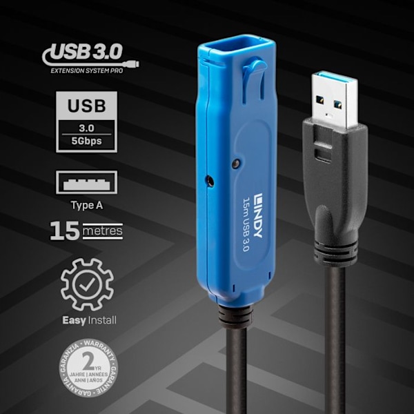 USB-kaapelin pidennys - Lindy - USB 3.1 Gen 1 - 15 m - Aktiivinen - Tyyppi A uros naaras