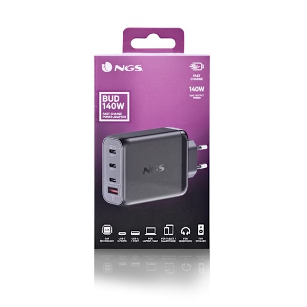 NGS BUD 140W: Universell väggladdare 140W med 4 portar: 3 USB-C + 1 USB-A. Snabb och säker laddning. Samtidig laddning.