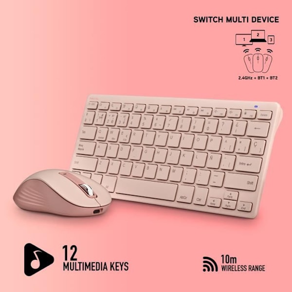 NGS FANTASY KIT PINK trådløst tastatur - 3 forbindelsestilstande - Lydløse taster - 12 multimedietaster