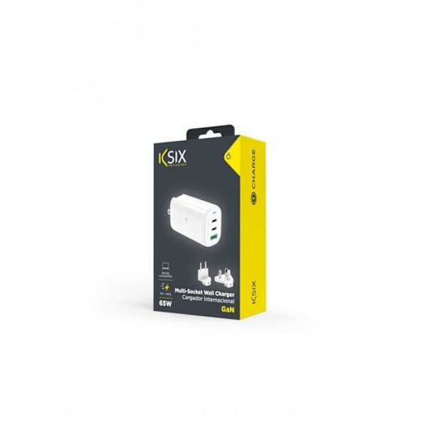 Ksix GAN 65W multiport netværksoplader, PPS, strømforsyning, ultrahurtig opladning, US+EU+UK stik, hvid Vit