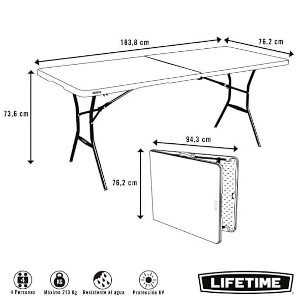 Fällbart bord - LIVSTID - 184x76x73,5 cm - Ultrabeständigt - Fällbart - Utomhus