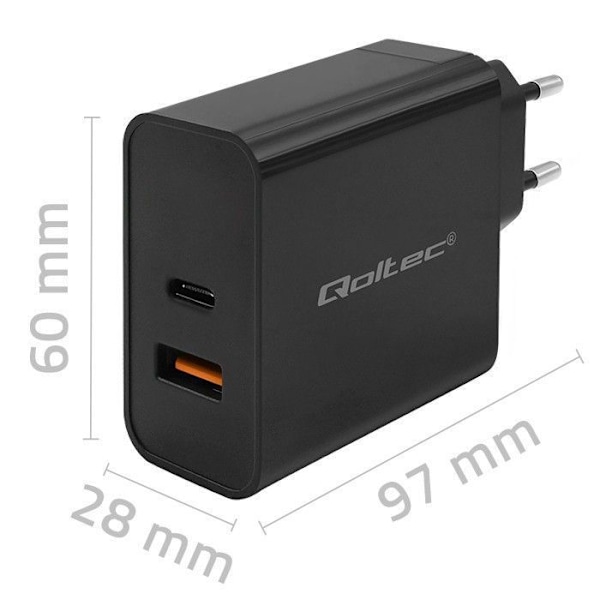 Lader - Qoltec strømadapter - 52380 - Hurtig PD-lader 1xUSB-C 1xUSB 65W 5-20V 1,5-3,25A Sort