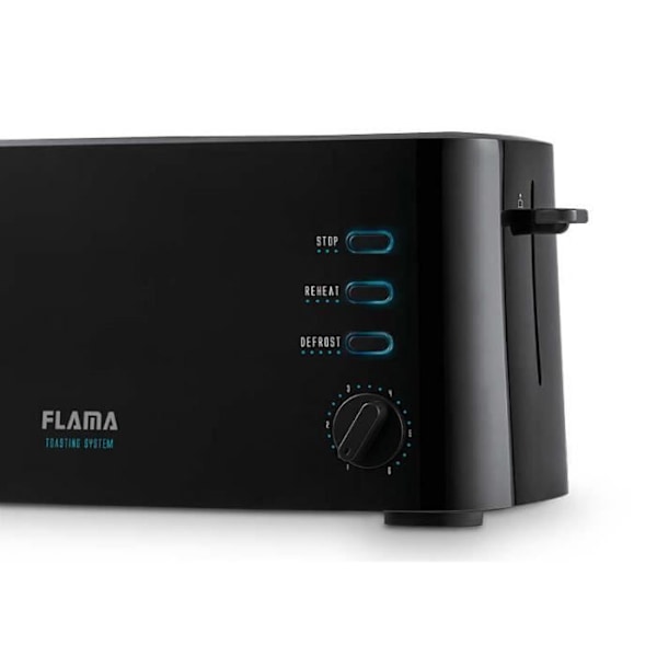 Flama 988FL leivänpaahdin, 980 W, kaksi pitkää ja erittäin leveää aukkoa, uudelleenlämmitys, sulatus ja sammutustoiminnot Svart