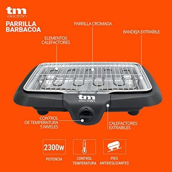 TM Electron TMPGR010 Desktop elektrisk grill, 2 300 W, 873 cm² yta, anti-röksystem med vatten med 5 nivåer av