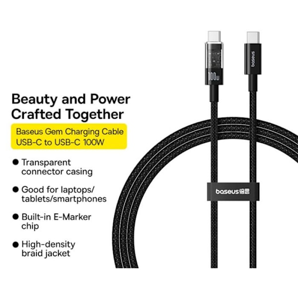 USB-C kaapeli Type-C, Supernopea Lataus 100W, 2m - Baseus Gem (P1037373000111-01) - Cluster Black