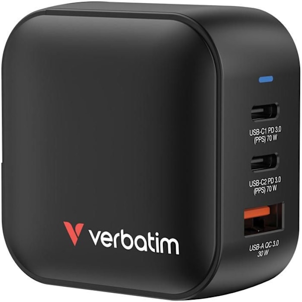 GaN Oplader - VERBATIM - Mini Oplader 70W - 3 Porte - EU- og UK-adaptorer - Smartphones/Tablets Sort