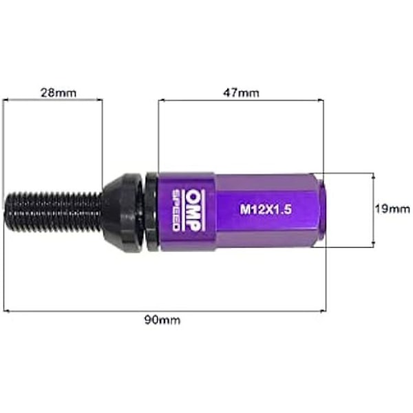 Hjulbolte - OMP - SPEED Sæt 20 - M12X1.5 - Aluminium 7075 - Længde 28MM lila