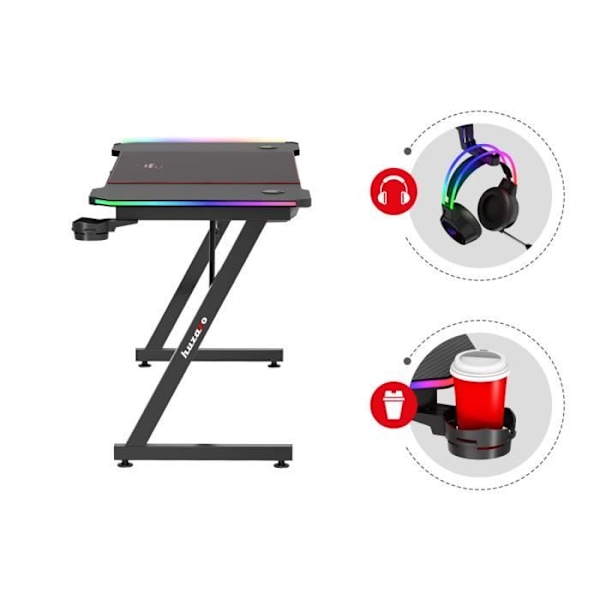 Bureau gaming HUZARO Hero 4.8 Sort RGB - LED-belysning, 160 cm bordplade, kulfiberfinish, headset- og krusholdere, ergonomisk RGB LED
