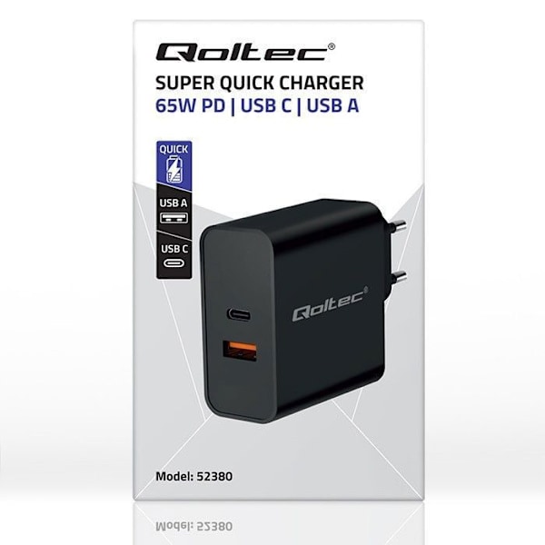 Lader - Qoltec strømadapter - 52380 - Hurtig PD-lader 1xUSB-C 1xUSB 65W 5-20V 1,5-3,25A Sort