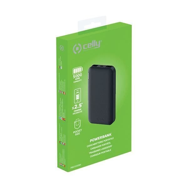 Celly powerbank 5000 mAh 5 Volt 2,1 Amp svart 2-delat Svart