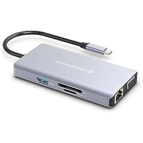10 in 1 USB-C-telakointiasema HDMI/VGA/USB-C-PD/USB 3.0/SD/TF/GbE/AUX - Conceptronic DONN20G