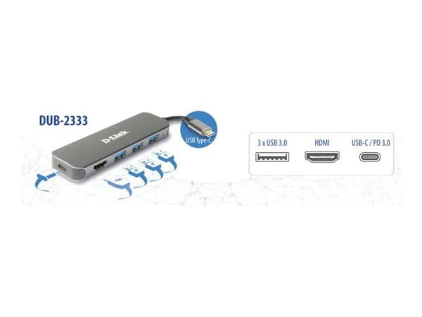 USB-hubi - D-Link - DUB-2333 - USB-C - HDMI - 3 porttia USB 3.2