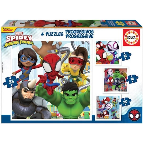 Progressiivinen palapeli EDUCA - Spidey & Friends - 4 palapeliä 12-25 palaa - Sarjakuvat ja animaatiot