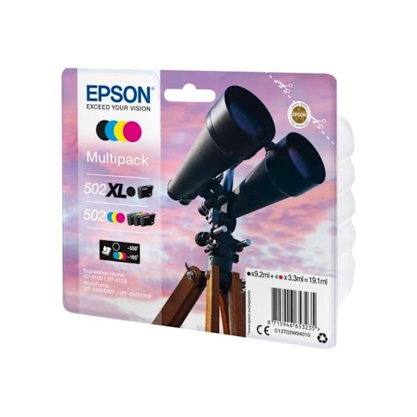 Epson 502-502XL Multipack Pack of 4 19,1 ml musta, keltainen, syaani, magenta alkuperäinen läpipainopakkaus mustepatruuna Expression Home…
