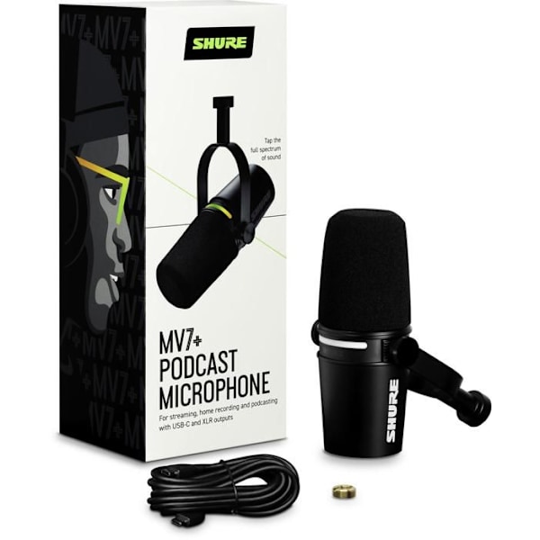 Mikrofon - SHURE - MV7+ - USB-C og XLR - Hybrid - Sort Svart