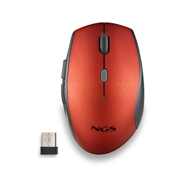 NGS BEE RED: Ergonomisk trådlös mus med tysta knappar. Justerbar DPI: 800/1200/1600. Högerhänt. Plug & Play. Röd färg.
