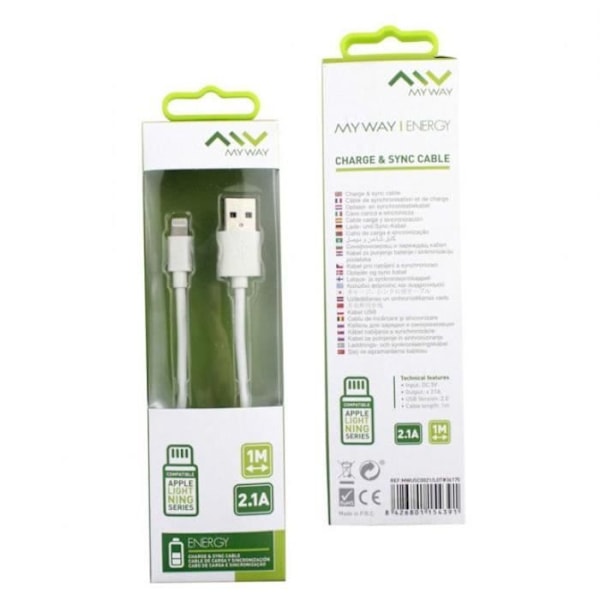 Lataus- ja synkronointikaapeli - Myway - USB Lightning 2.1A - 1 m - Valkoinen - USB 2.0