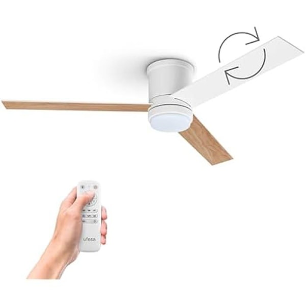 UFESA Katmandu -kattotuuletin valolla, 3 kääntösiipeä 132 cm, 40 W, 6 nopeutta, erittäin hiljainen, kesätoiminto - Vitt trä