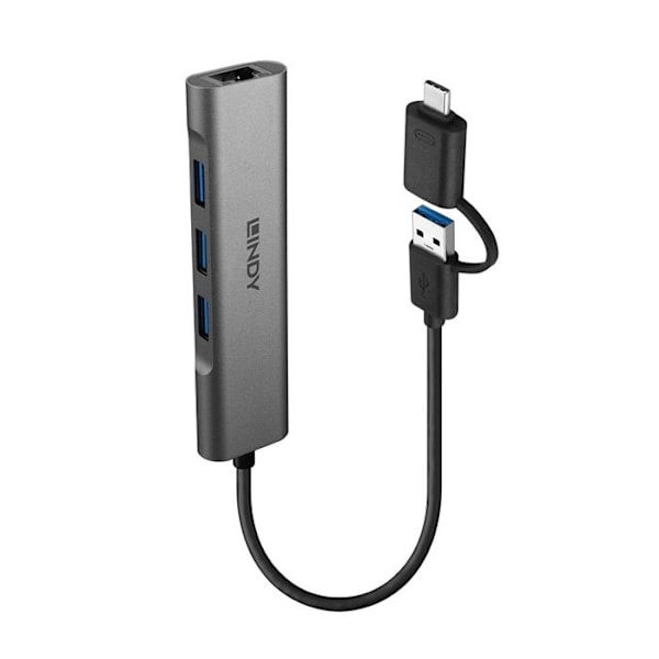 USB 3.0 Hub - LINDY - 43379 - 3 portar - Gigabit Ethernet-konverter - Grå