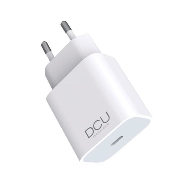 Valkoinen DCU-laturi USB-C-naarasliittimellä, nopea lataus, jopa 20 W.