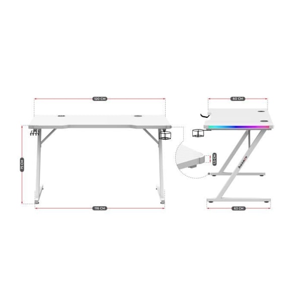 Bureau gaming HUZARO HERO 2.5 LED RGB Vit, 120x60x75cm Dryckeshållare, Hörlurskrok, PC-bord, Databehandling, Speldator Vit