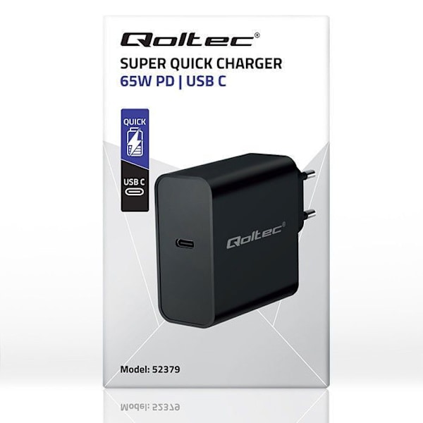 Oplader - Qoltec netadapter - 52379 - Ultra hurtig PD-oplader 1xUSB-C 65W 5-20V 3-3,25A Sort
