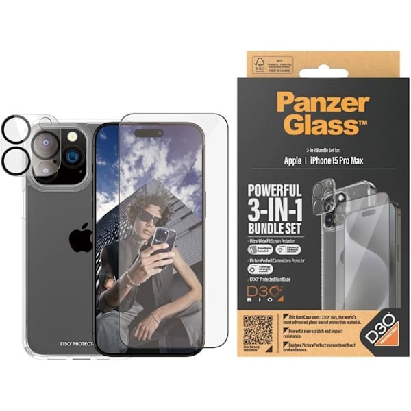 Panzer Glas Kraftig 3 i 1 Bundle Pack til iPhone 15 Pro Max 6,7" - B1172+2812