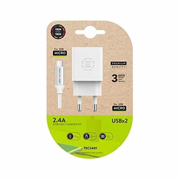 Dubbel USB-laddare - Tech One Tech - Modell TEC2401 - Micro USB-kabel - Kompatibilitet Android - Vit färg