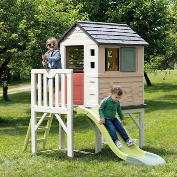 Smoby Life - Højhus med rutsjebane - Ny farve - Platform 70cm - Anti-UV - Fremstillet i Frankrig Bige, grå och grön