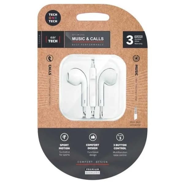 In-Ear Hörlurar - TECH ONE TECH - EarTECH - Inbyggd Mikrofon - Mini Jack 3,5 mm - Kabel 1,20 m Vit