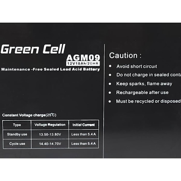 AGM-batteri - Green Cell - 12V 18Ah - Undgået elektrolytlækage - Vedligeholdelse gratis - Forskellige applikationer Svart