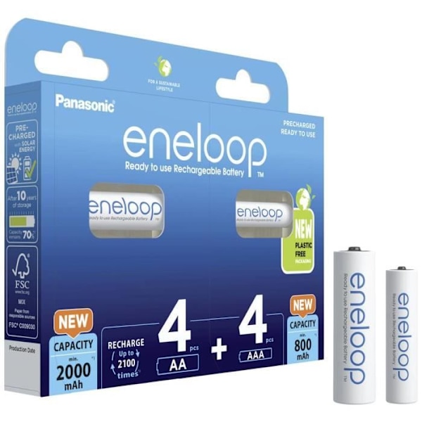 Uppladdningsbart batteriset LR03, LR6 - PANASONIC - Låg självurladdning - Förladdat - 8 st.