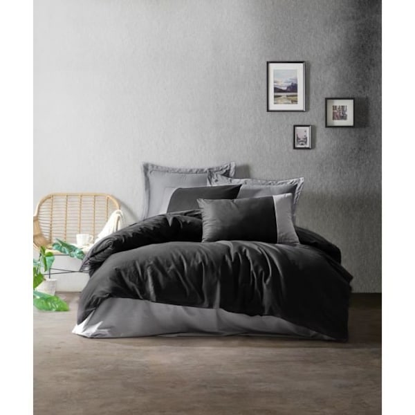 Sengetøjssæt - 1 dynebetræk 220 x 240 cm + 2 pudebetræk 60 x 60 cm - 100% forstærket bomuld - Sort svart och grått