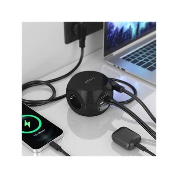 Aisens Monitoimitukiasema 3 Pistorasialla + 2xUSB-C/2xUSB-A 1.4m Musta