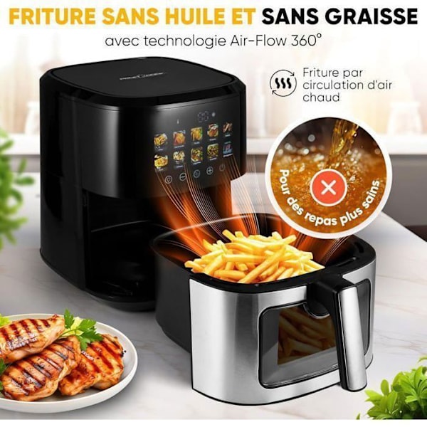 Luftfriture, kapacitet 6,5 l, med termisk isoleret vindue, friture uden olie og uden fedt, 1700 W