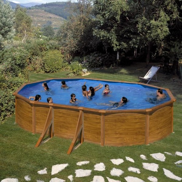 GRE overjordisk stål swimmingpool - 527 x 327 x 122 cm - Oval - Frilagte forstærkninger - Sandfiltrering Trä