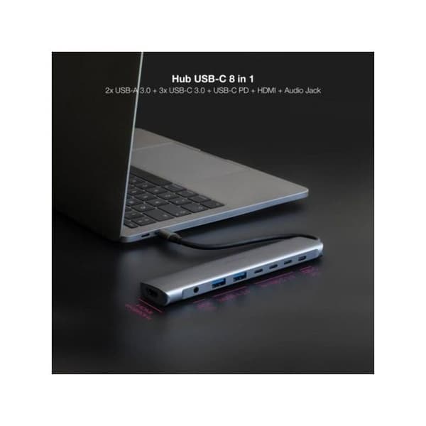 USB-C Hub 8 in 1 - NANO CABLE - 10.16.4608 - HDMI 4K - 2xUSB-A - 3xUSB-C - Harmaa