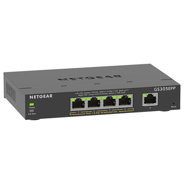 Kytkin Ethernet PoE 5 Porttia - NETGEAR - GS305EPP - Älykäs Hallittava - Hiljainen - 120W PoE+ musta